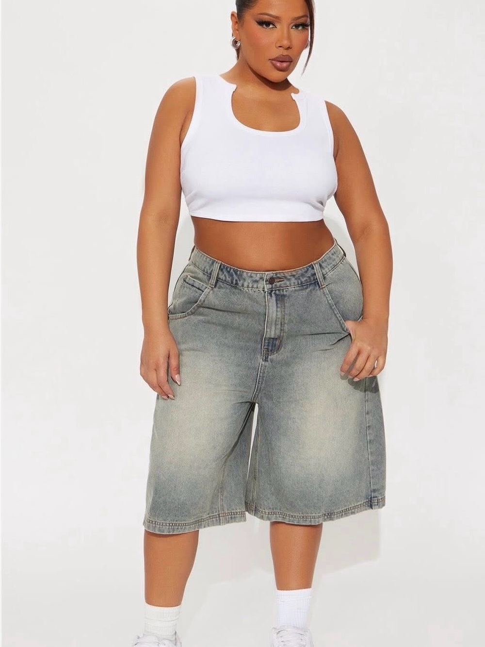 Fashion Nova Women's Washed Denim Bermuda Shorts - Gray